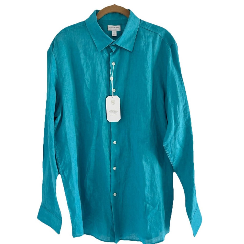 Luxury 100% Linen Button Down Shirt Large Teal Preppy Resort Wear Country Club